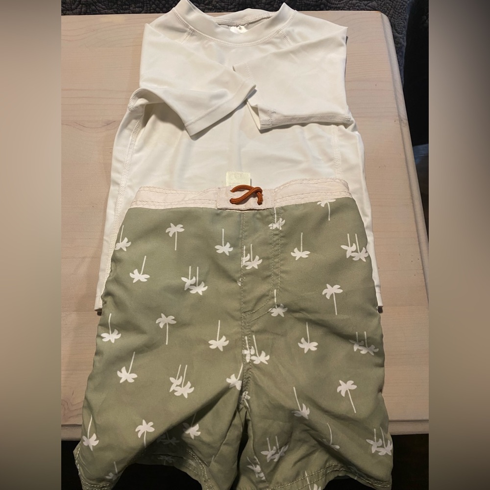 2 pairs of Toddler swim shorts and matching rash guard for 24-36mos